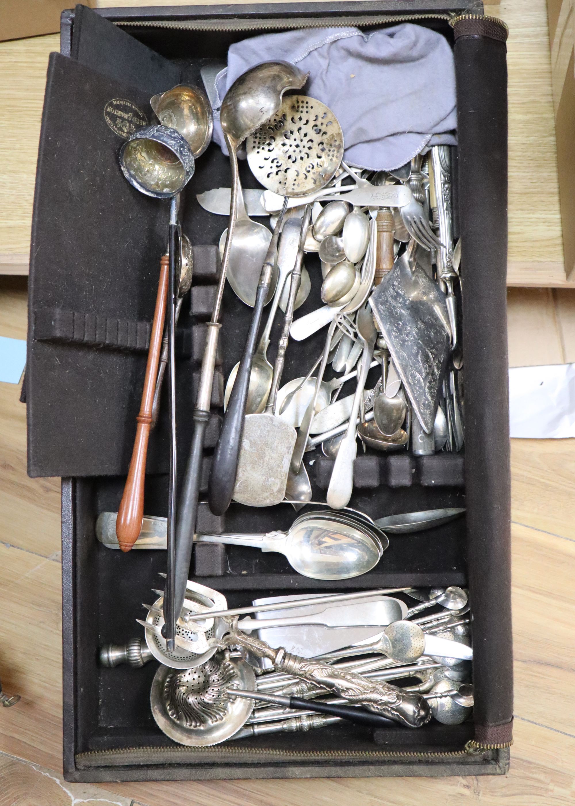 Various white metal and Sterling ladles and a quantity of mixed plated flatware